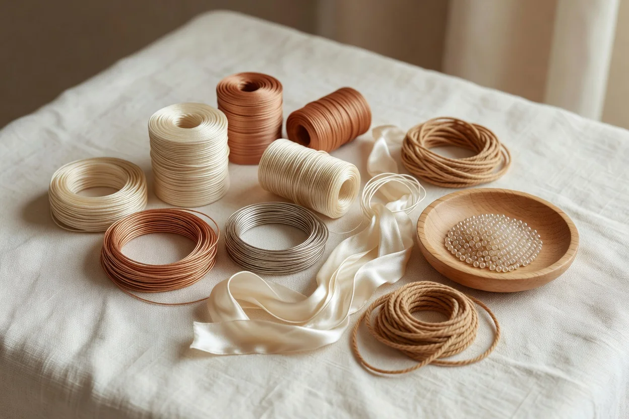 Close-up of various beading threads, cords, and wires arranged on a wooden surface with beads and tools
