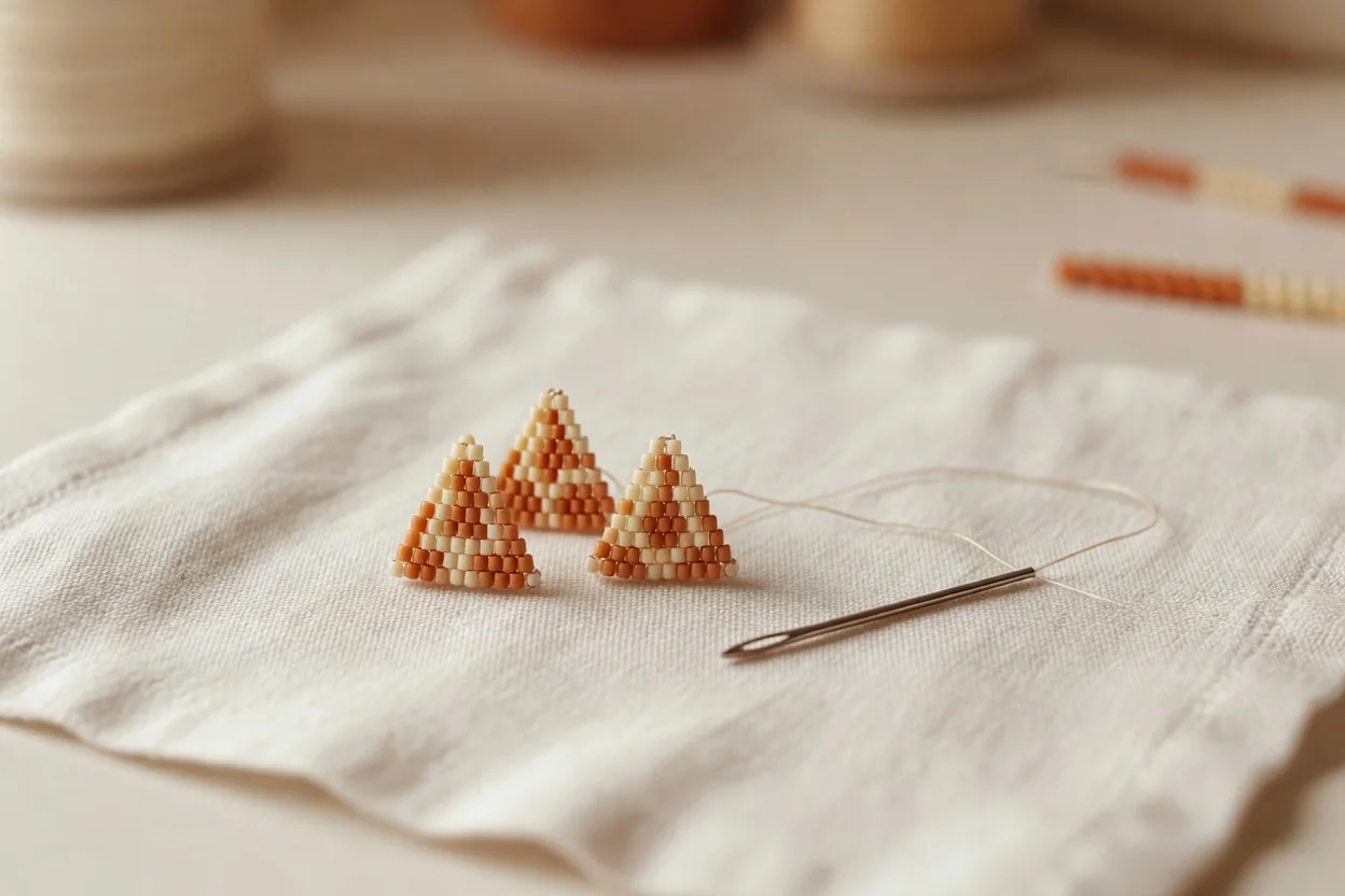 Close-up of brick stitch triangle earrings in matte turquoise and gold with attached ear wires