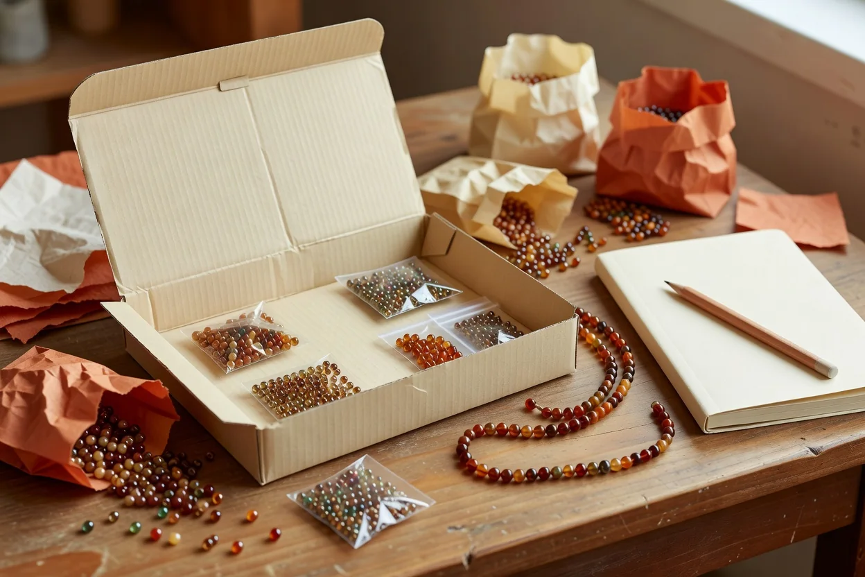Hands comparing loose beads under bright daylight next to an open laptop showing an online bead store