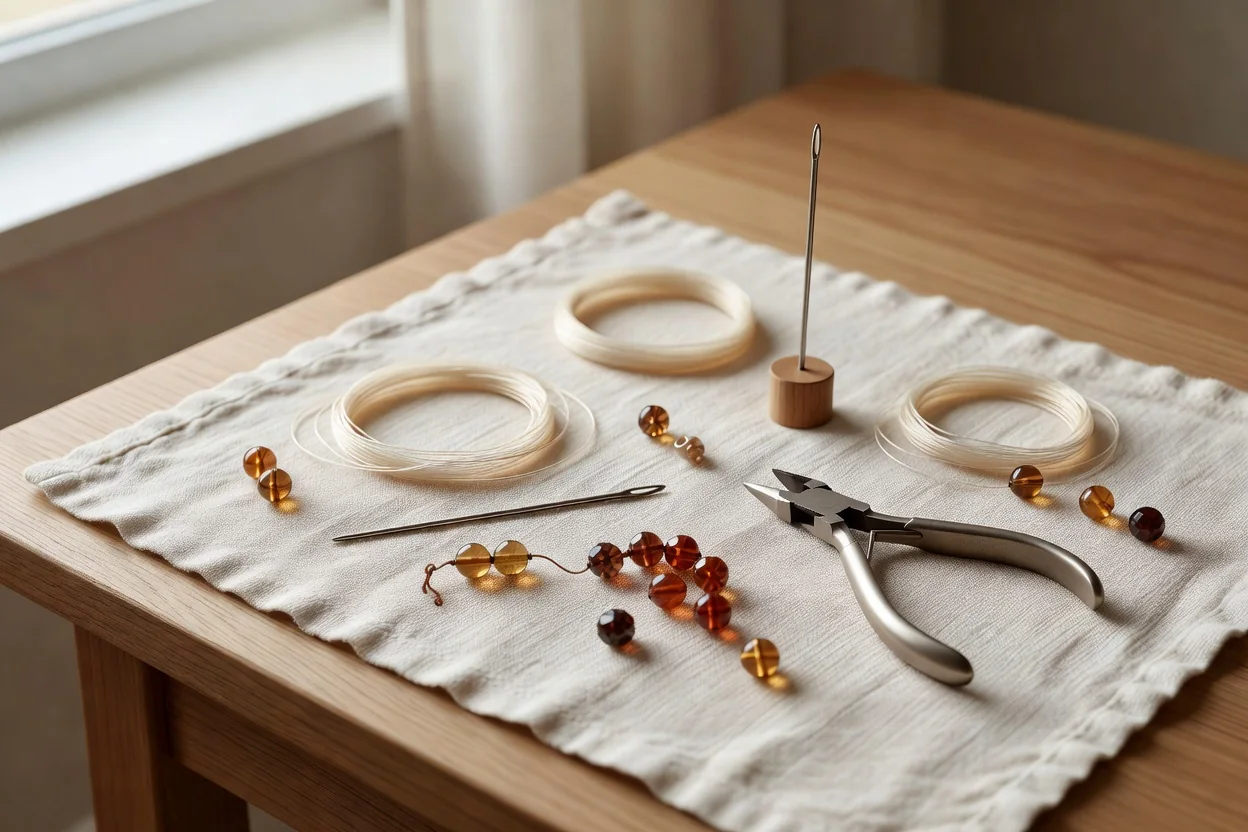 Close-up of finished crimps, pearl knots, and lobster clasp on a beaded necklace