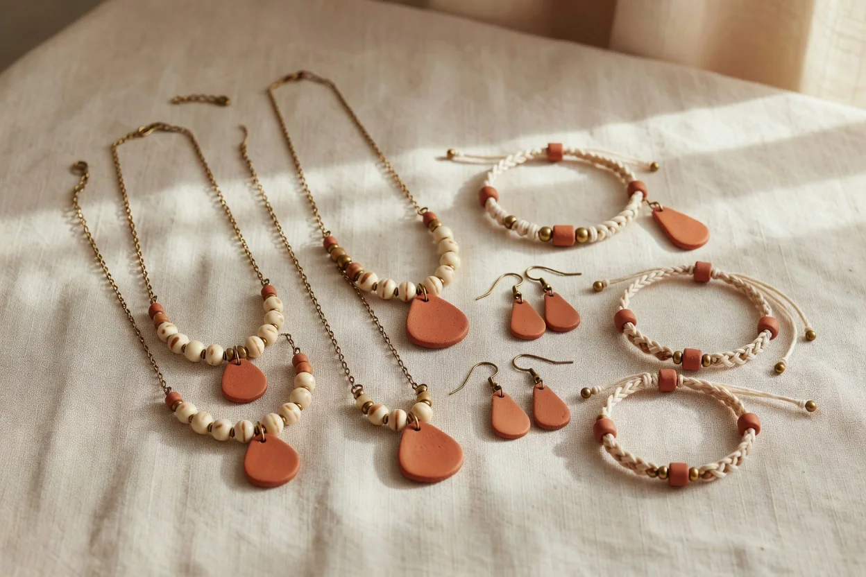 Handcrafted jewelry collection displayed on linen with soft natural light showing color harmony and price variety