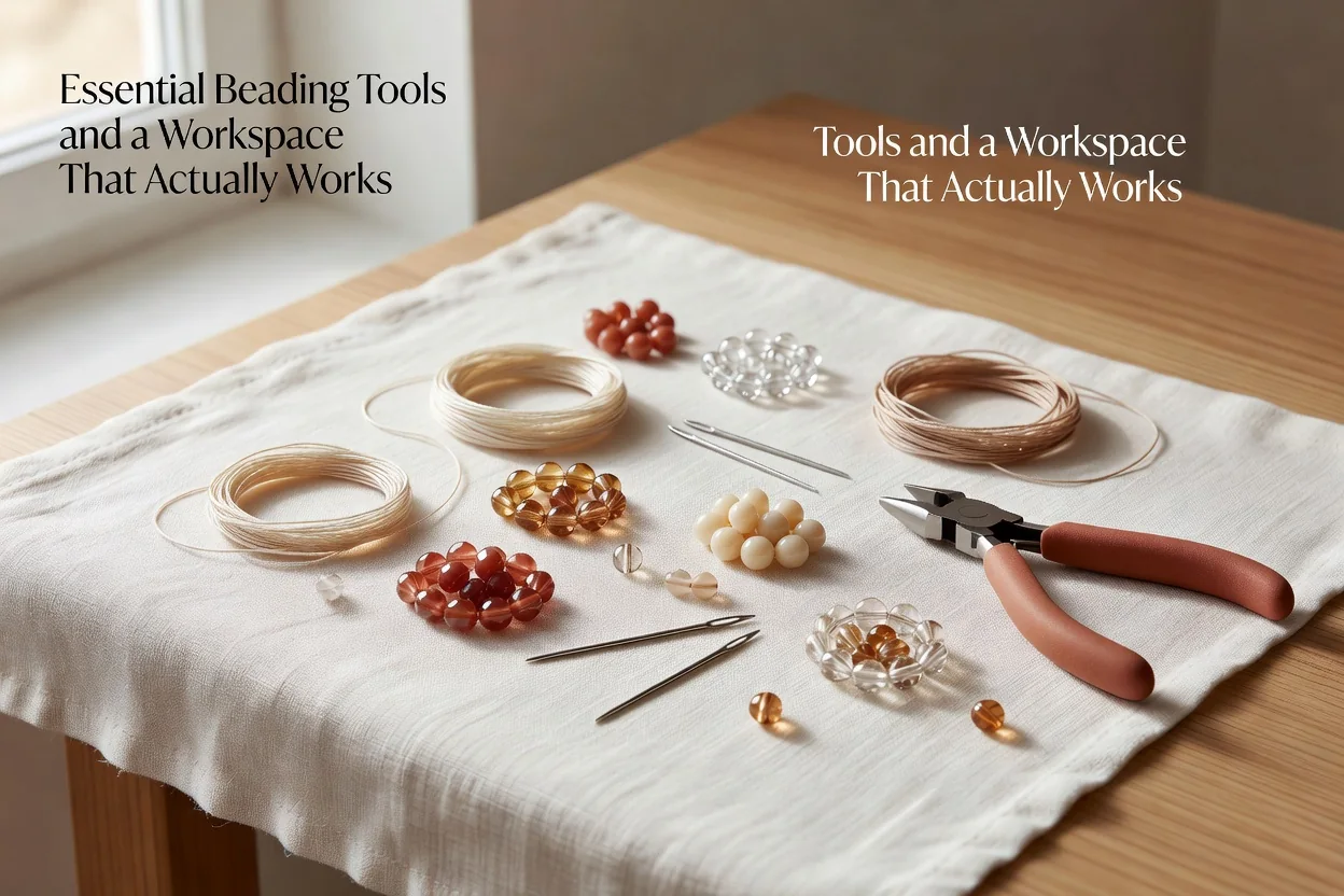 Well-organized beading workspace with essential tools laid out on a bead mat under bright lighting