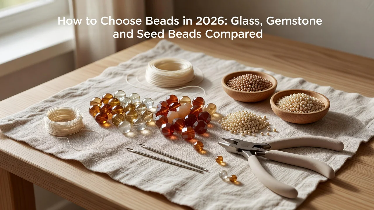 Close-up of Czech glass, Japanese seed beads, and natural gemstone beads arranged on a wooden tray