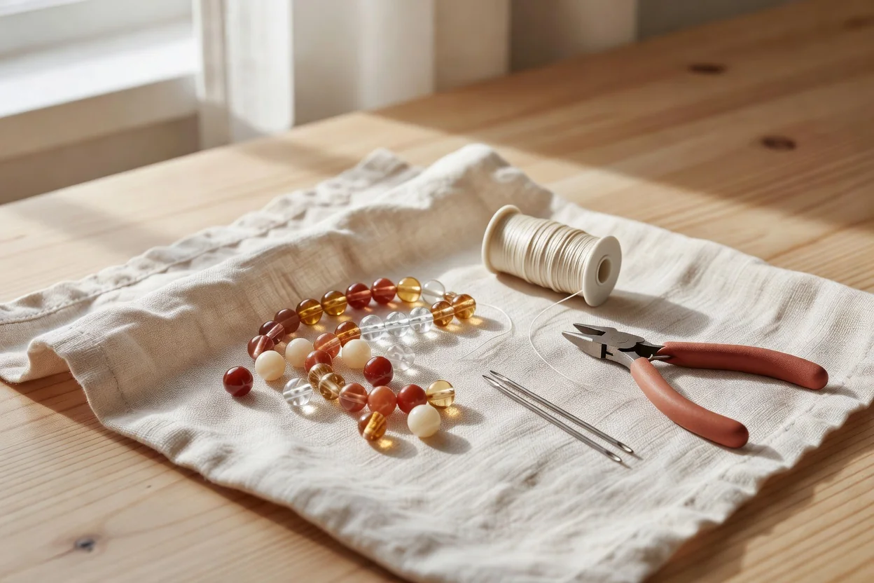 Close-up of delicate handmade beaded necklace being gently wiped with a soft cloth on a clean wooden surface