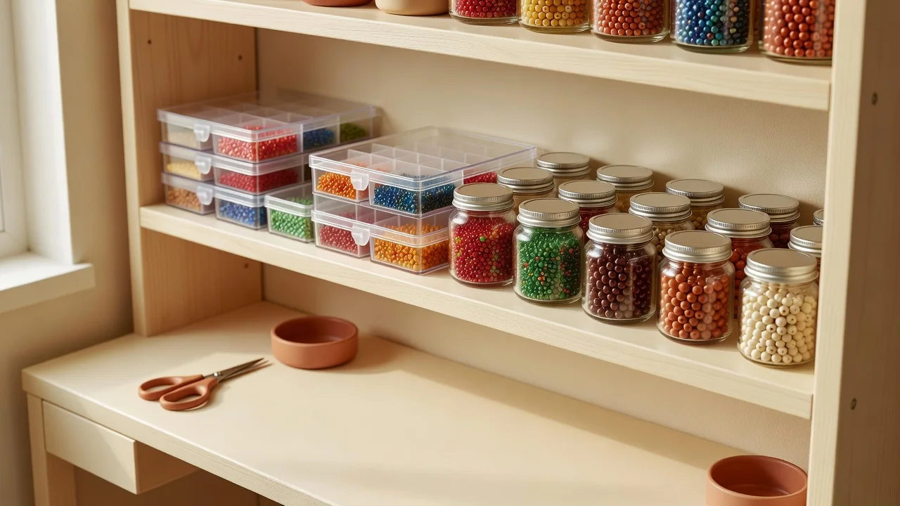 Organized bead storage solutions including jars, boxes and binders on a craft table
