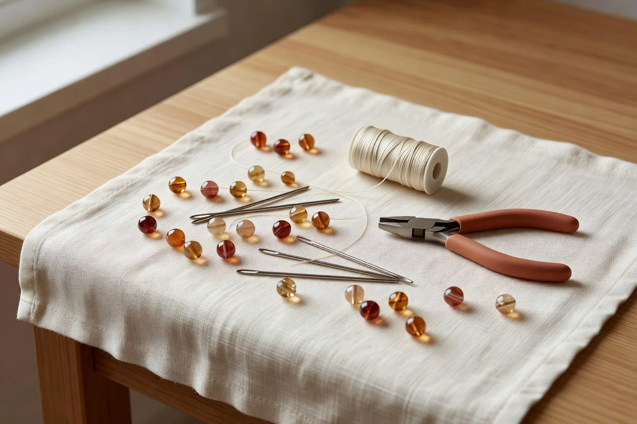 Artisan hands assembling a delicate beaded necklace with tools and gemstones spread across a wooden workspace