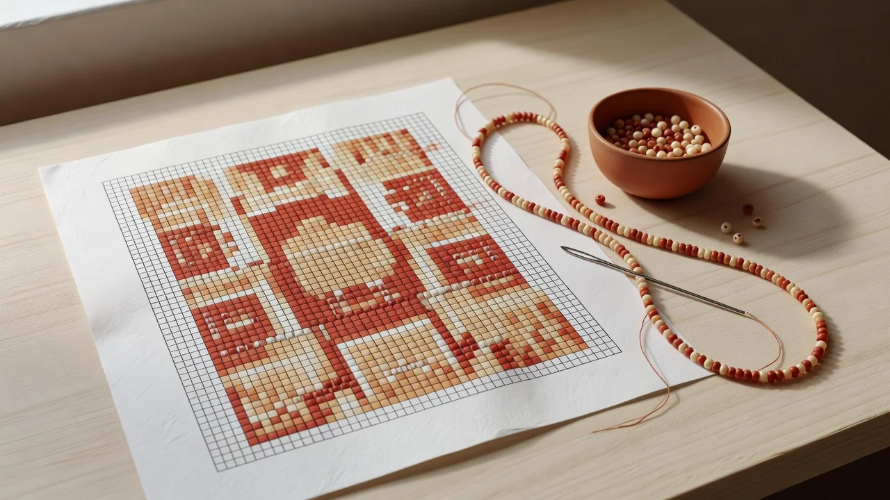 Close-up of a beadweaving chart showing colored squares, row numbers, direction arrows, and a color key