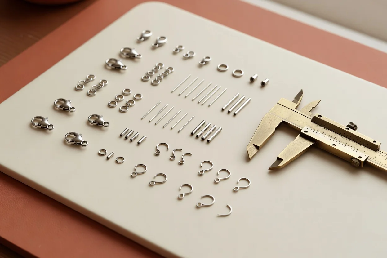 Close-up of various jewelry findings including lobster clasps, jump rings, headpins, and crimp tubes arranged on a wooden surface