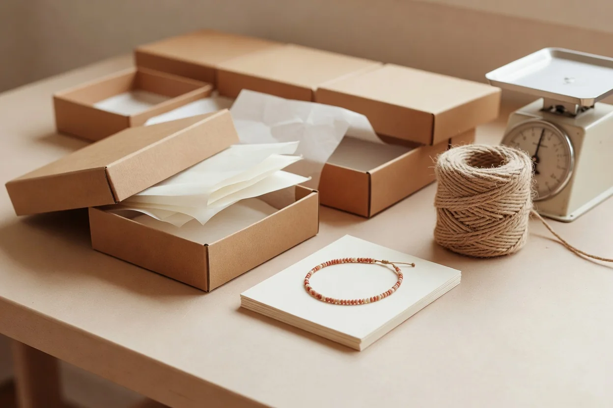 Hands carefully wrapping a delicate beaded necklace in tissue paper before placing it in a branded jewelry box