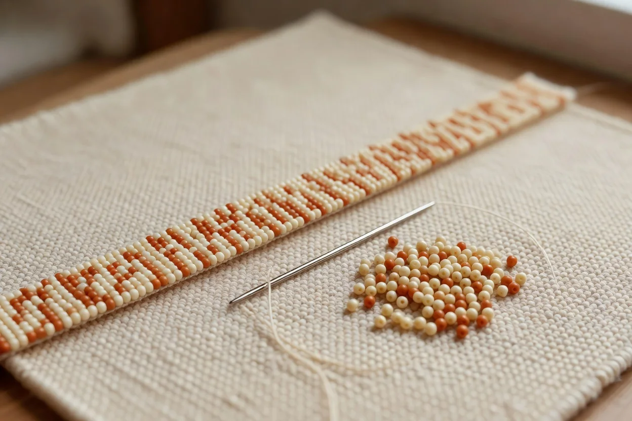 Close-up of hands working flat even-count peyote stitch with matte black and silver seed beads on a bright workspace