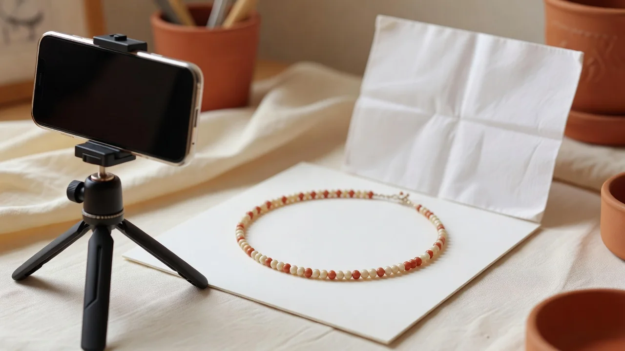 A pair of hands arranging a delicate turquoise necklace on neutral linen under soft window light