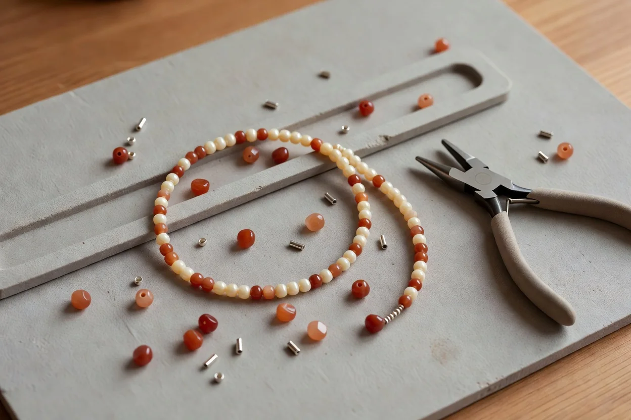 Close-up of hands restringing turquoise beads onto flexible beading wire using crimps and wire guardians on a wooden workspace