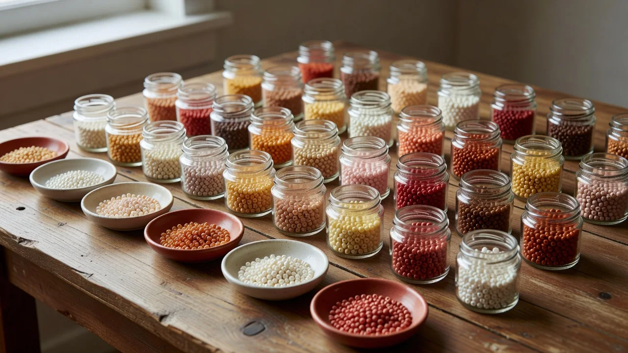 Close-up comparison of seed bead sizes from 15/0 to 6/0 showing round and cylinder shapes in various finishes
