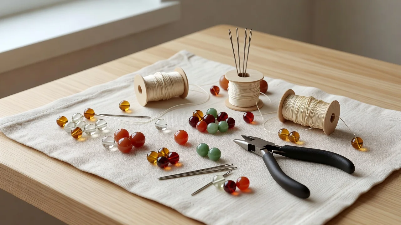Artisan displaying handmade beaded necklaces and earrings at a sunny outdoor craft fair booth