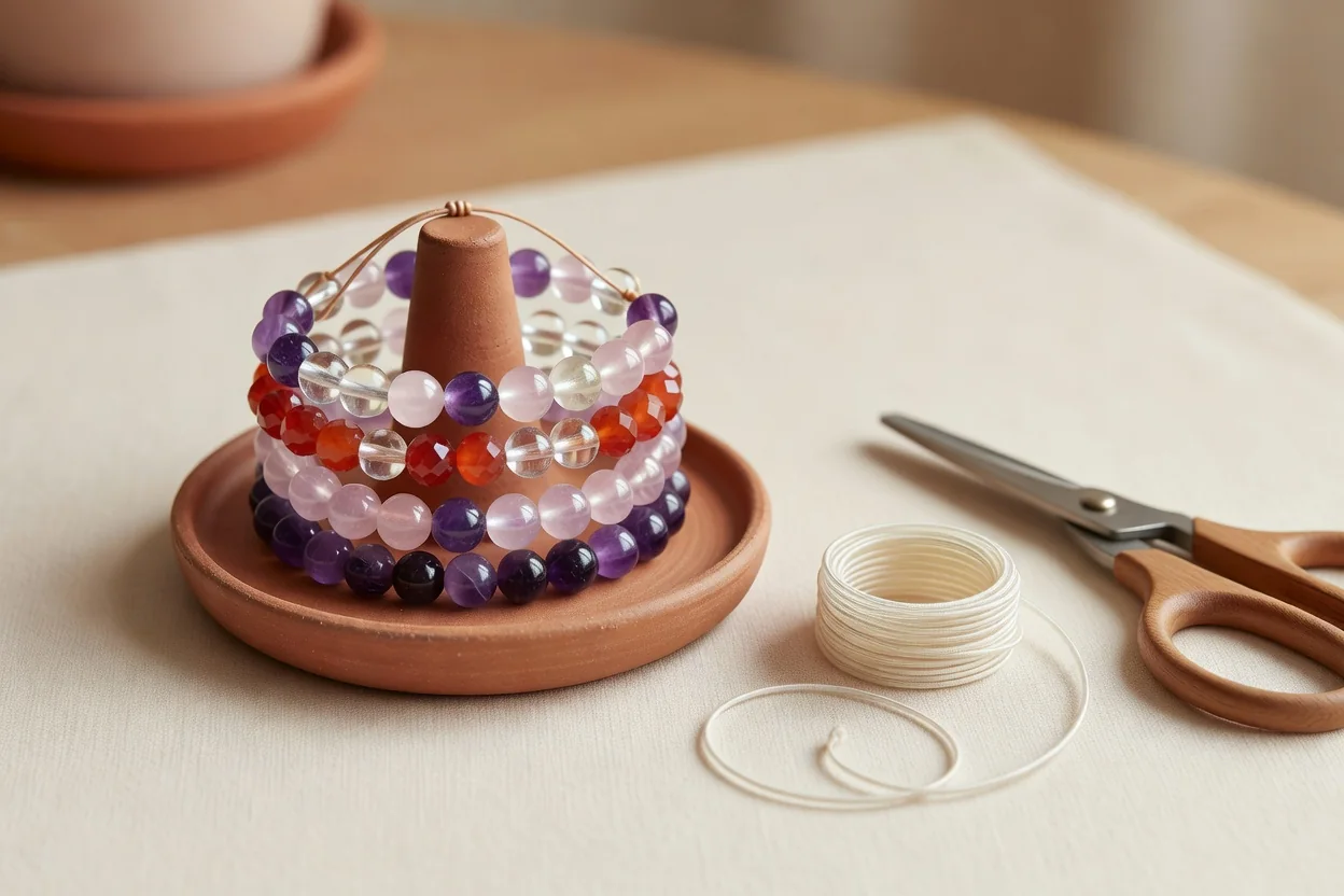 Hands stringing durable stretch bracelets with elastic cord and beads on a worktable